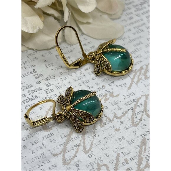 Gold plate Iridescent Dragonfly Wire Green Earrings Fall Gift Mom Birthday Wife - Picture 3 of 15